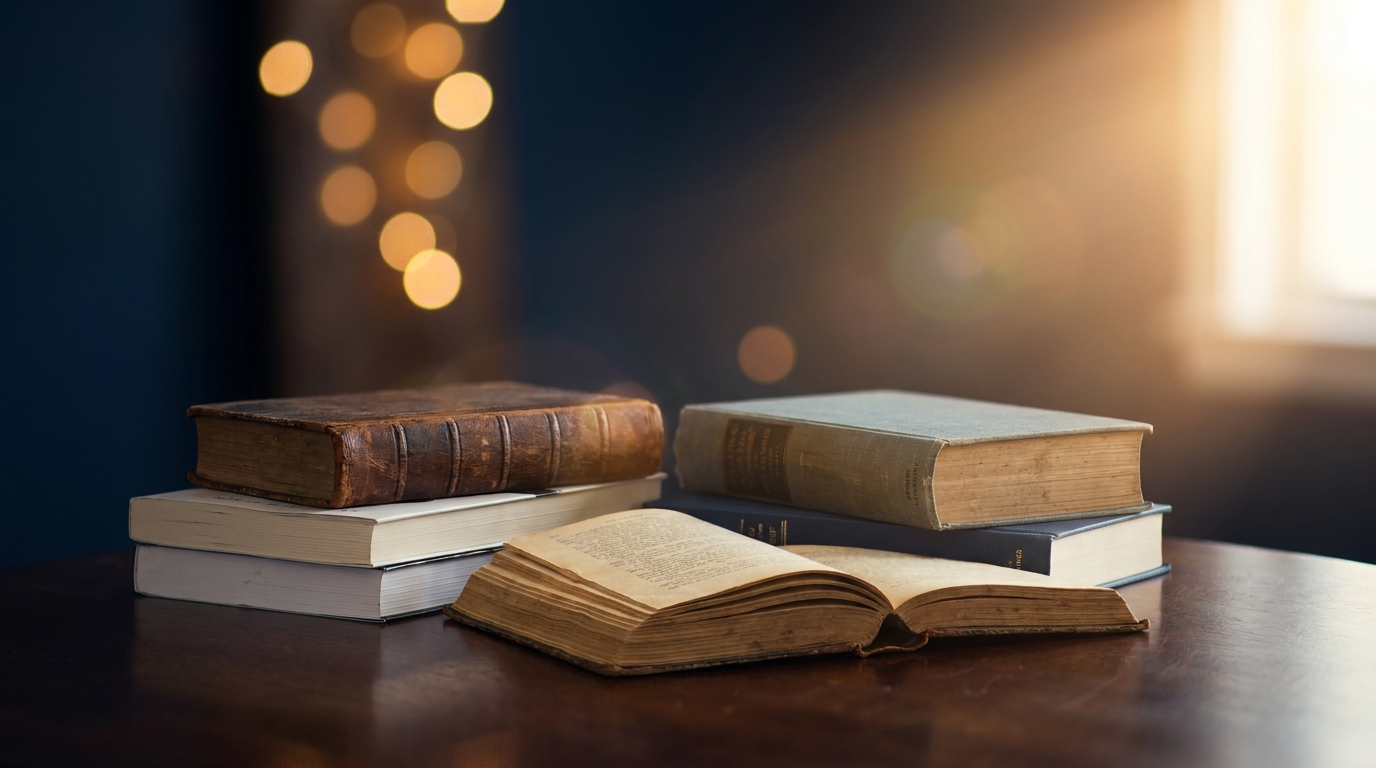 Stapel oude boeken bij raamlicht
