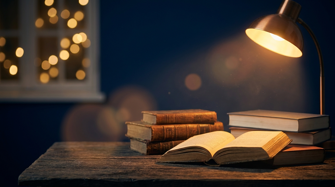 Warm verlichte stapel boeken op een houten tafel